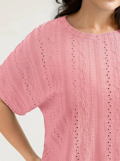 Eyelet Trim Stretchy Textured Plain Top