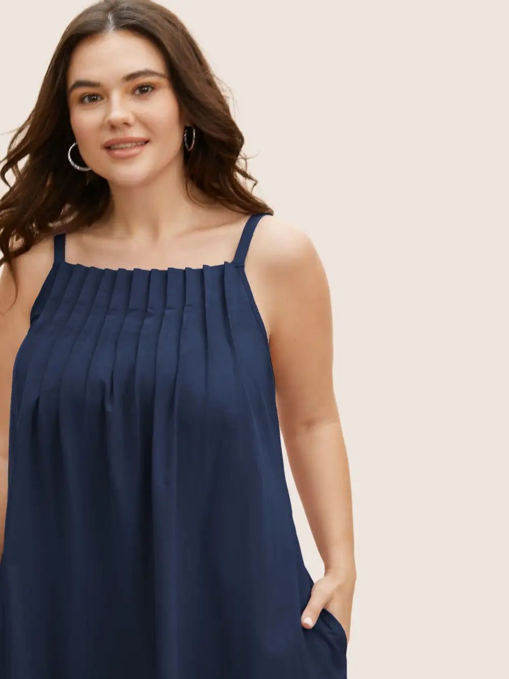 Cotton Plain Pleated Loose Fit Cami Dress