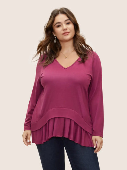 Plain Pleated V Neck Arc Hem T-Shirt