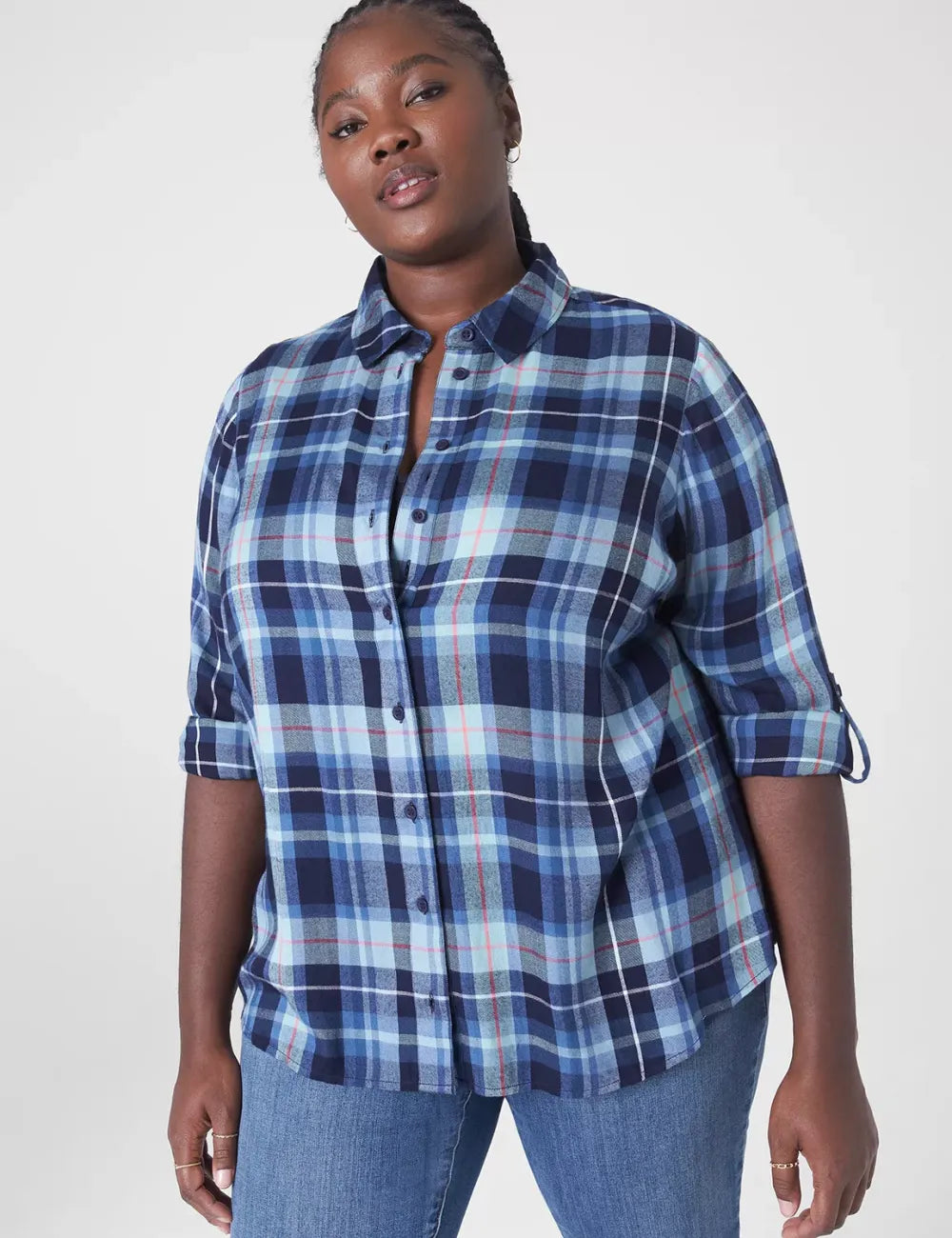 Relaxed Button-Front Plaid Boyfriend Shirt