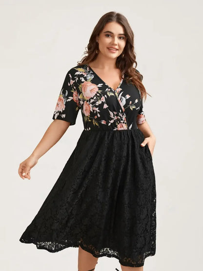 Floral Panel Surplice Pockets Midi Dress