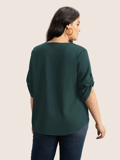 V Neck Plain Pleated Tab Sleeve Blouse