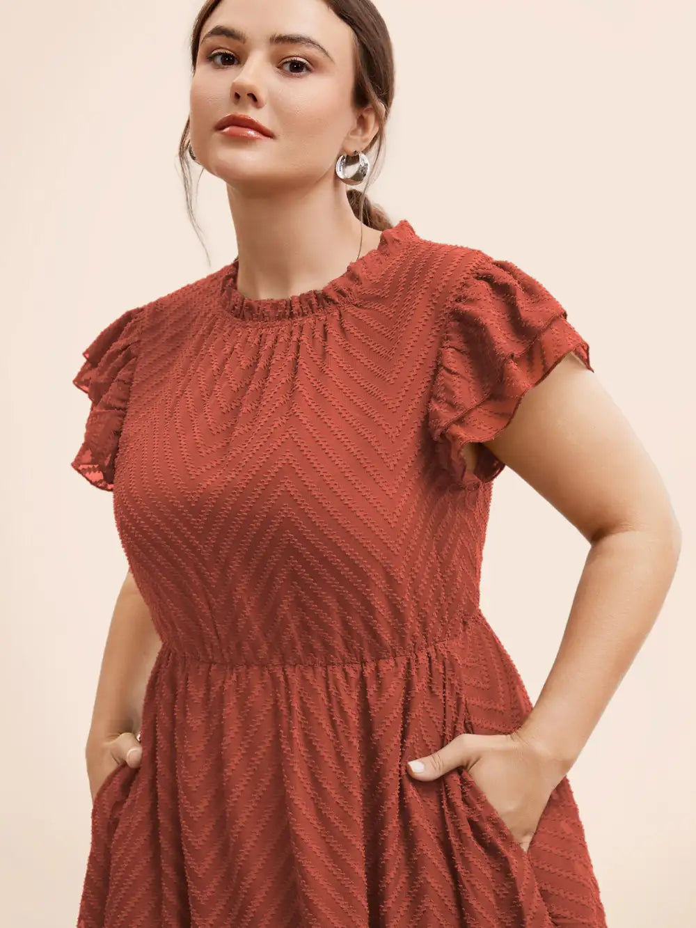 Plain Geometric Layered Sleeve Pocket Ruffle Mock Neck Dress