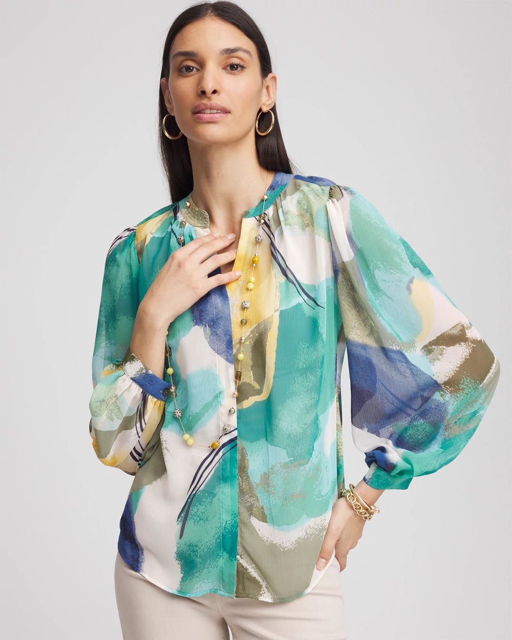 Collarless Long-Sleeved Blouse