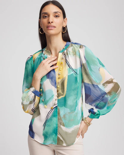 Collarless Long-Sleeved Blouse