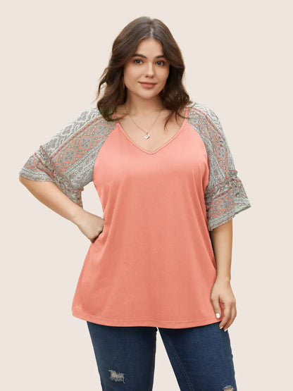 Boho Print Patchwork Raglan Sleeve T-Shirt