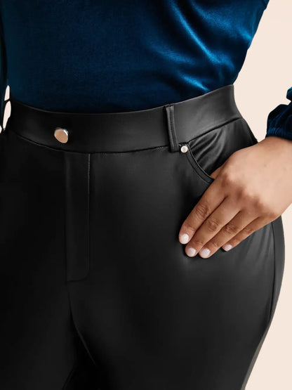 Pu Leather Button Detail Mid Rise Pants