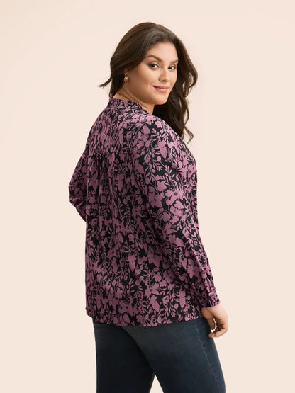 Silhouette Floral Print Notched Frill Trim Blouse