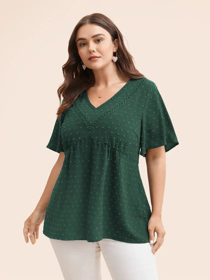 Polka Dot Frill Trim V Neck Flutter Blouse