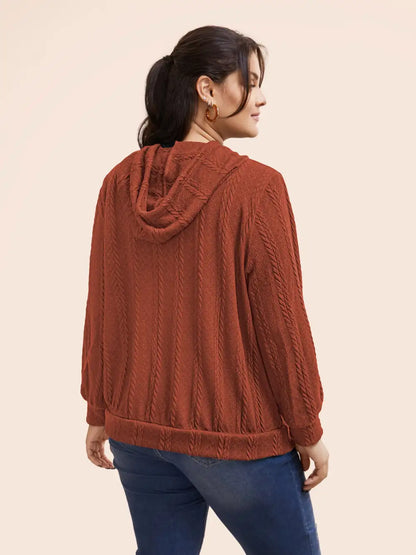 Solid Cable Knit Hooded Drawstring Sweatshirt