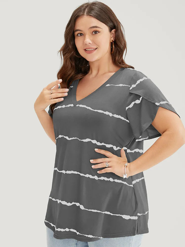 Striped Contrast Petal Sleeve T-shirt