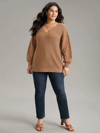 Solid Cable Knit V Neck Drop Shoulder Pullover