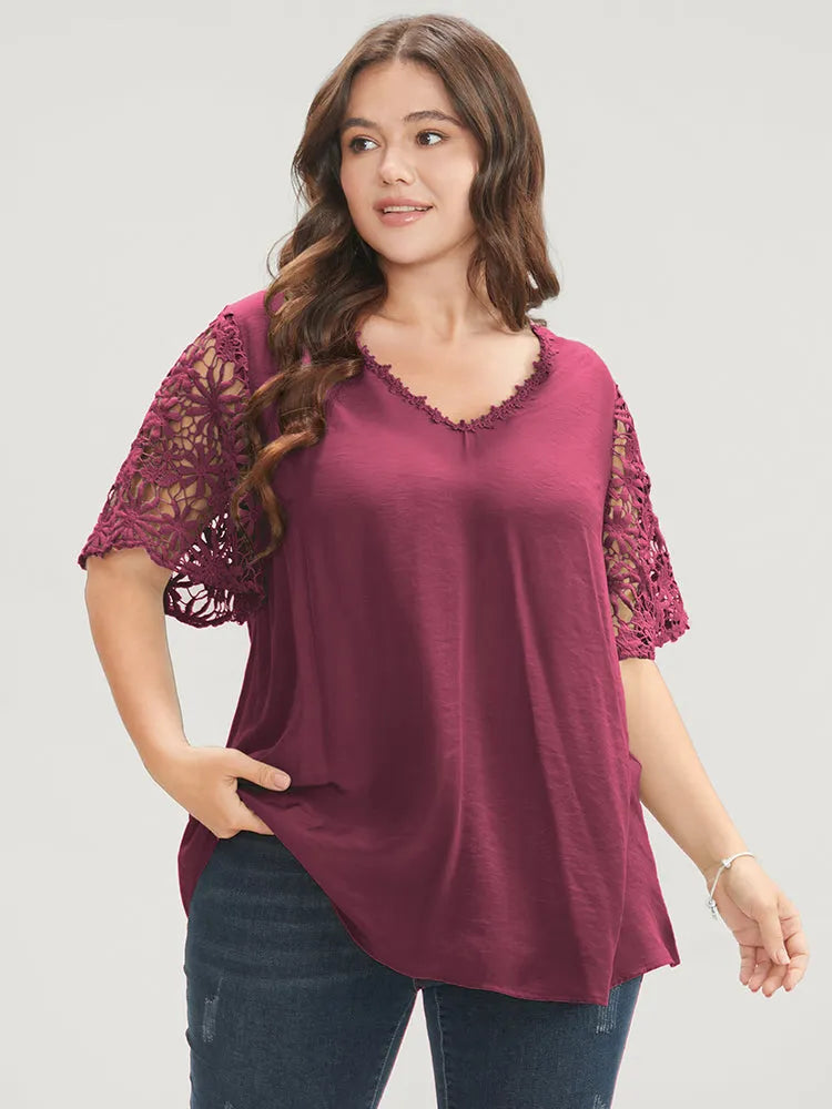 Plain V Neck Floral Patchwork Blouse