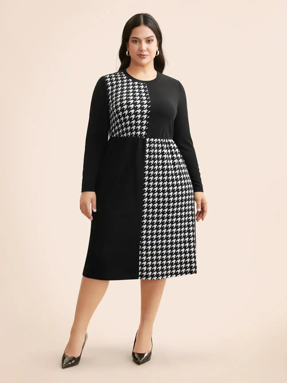 Houndstooth Patchwork Elastic Waist Dress