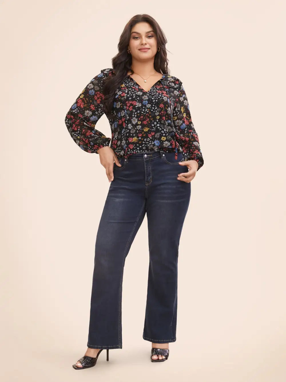 Chiffon Floral Tie Knot Ruffle Trim Blouse