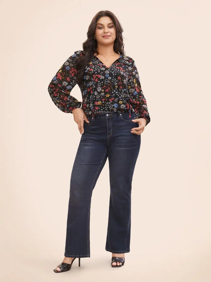 Chiffon Floral Tie Knot Ruffle Trim Blouse