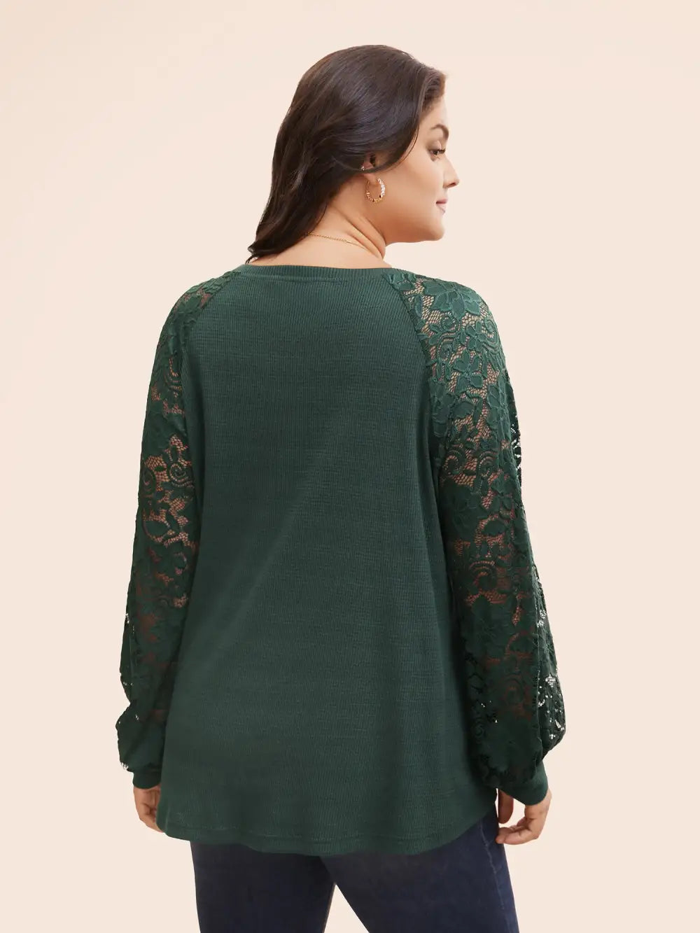Plain Lace Panel Round Neck Raglan Sleeve T-Shirt