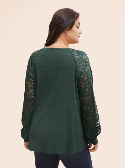Plain Lace Panel Round Neck Raglan Sleeve T-Shirt