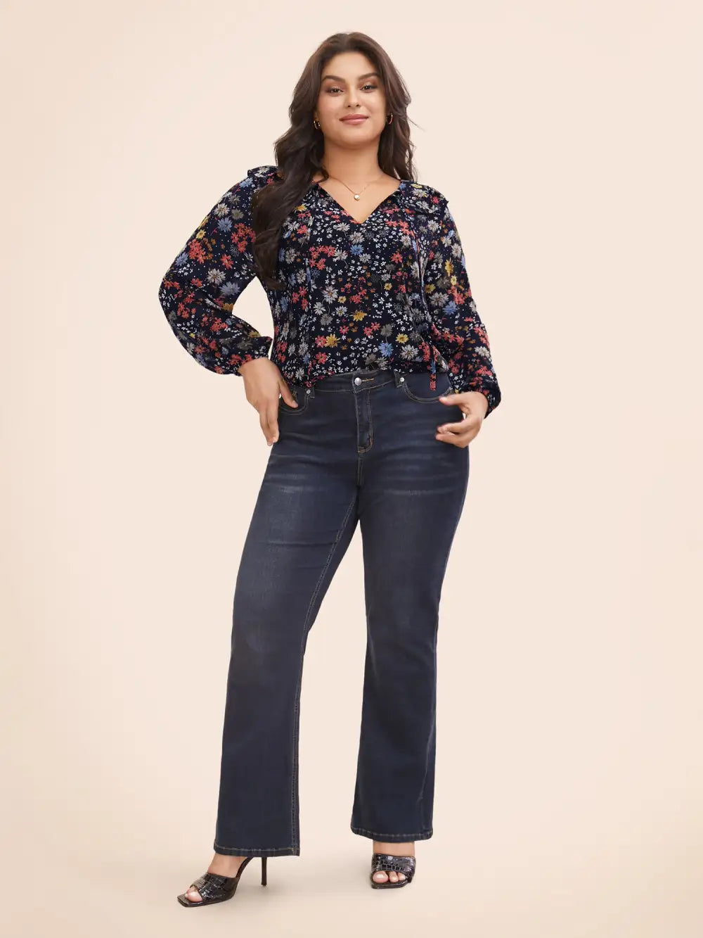 Chiffon Floral Tie Knot Ruffle Trim Blouse