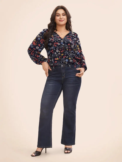 Chiffon Floral Tie Knot Ruffle Trim Blouse