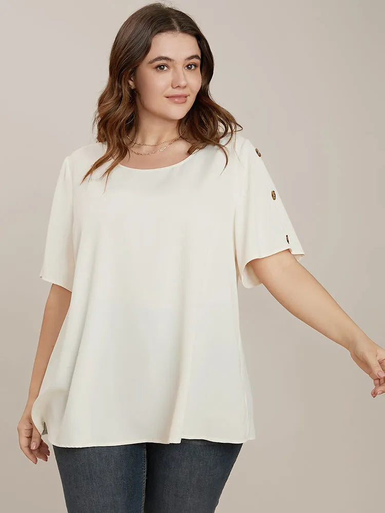 Plain Round Neck Button Detail Blouse