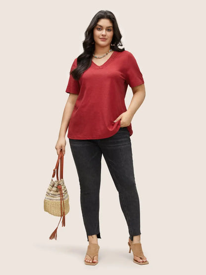 Plain V Neck Lace Panel T-Shirt