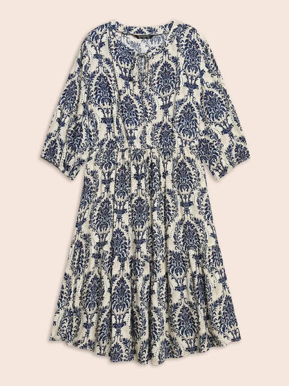 Boho Print Tie Knot Puff Sleeve Dress