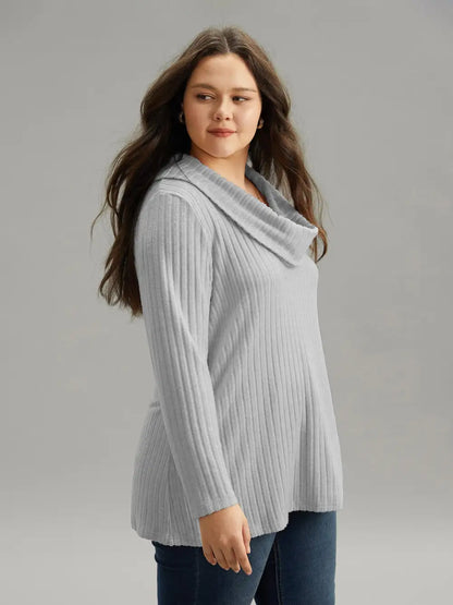 Plain Rib Knit Cowl Neck T-Shirt