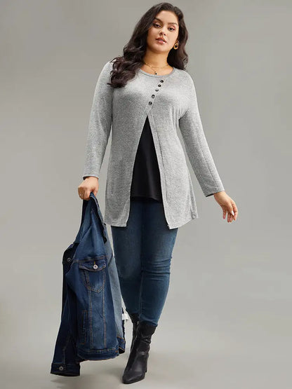 Contrast Patchwork Crew Neck Button Detail T-Shirt