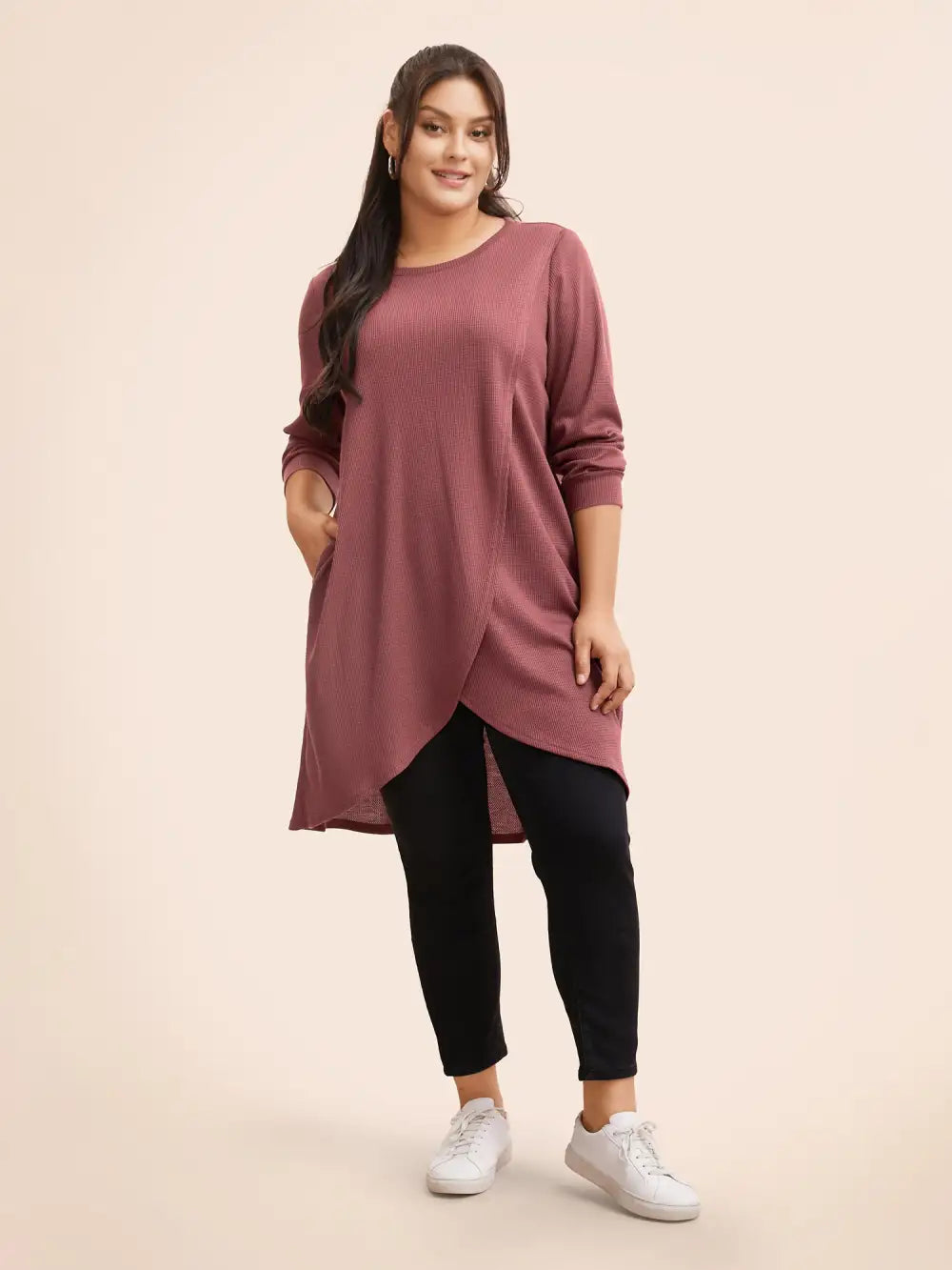Solid Waffle Knit Overlap Hem T-Shirt