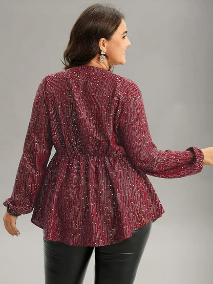 Glitter Lantern Sleeve Elastic Waist Lace Up Blouse