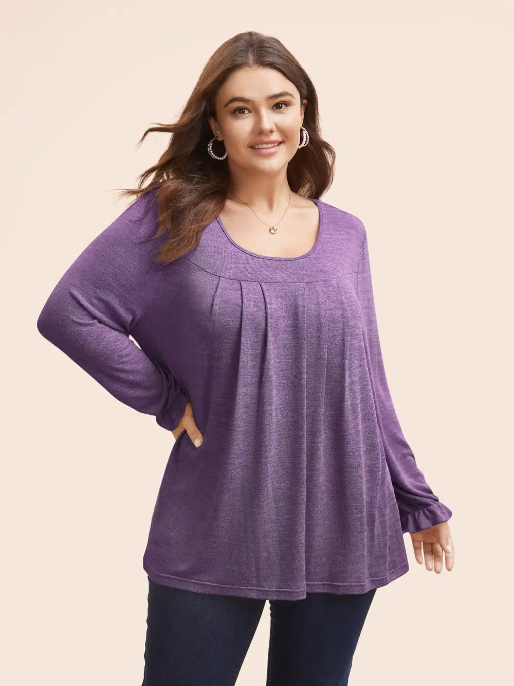 Round Neck Heather Pleated T-Shirt