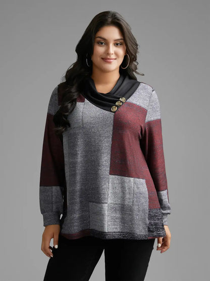 Asymmetrical Colorblock Button Detail Pleated T-Shirt
