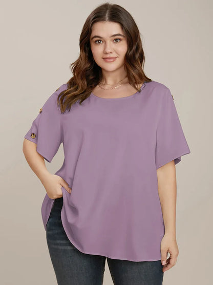 Plain Round Neck Button Detail Blouse
