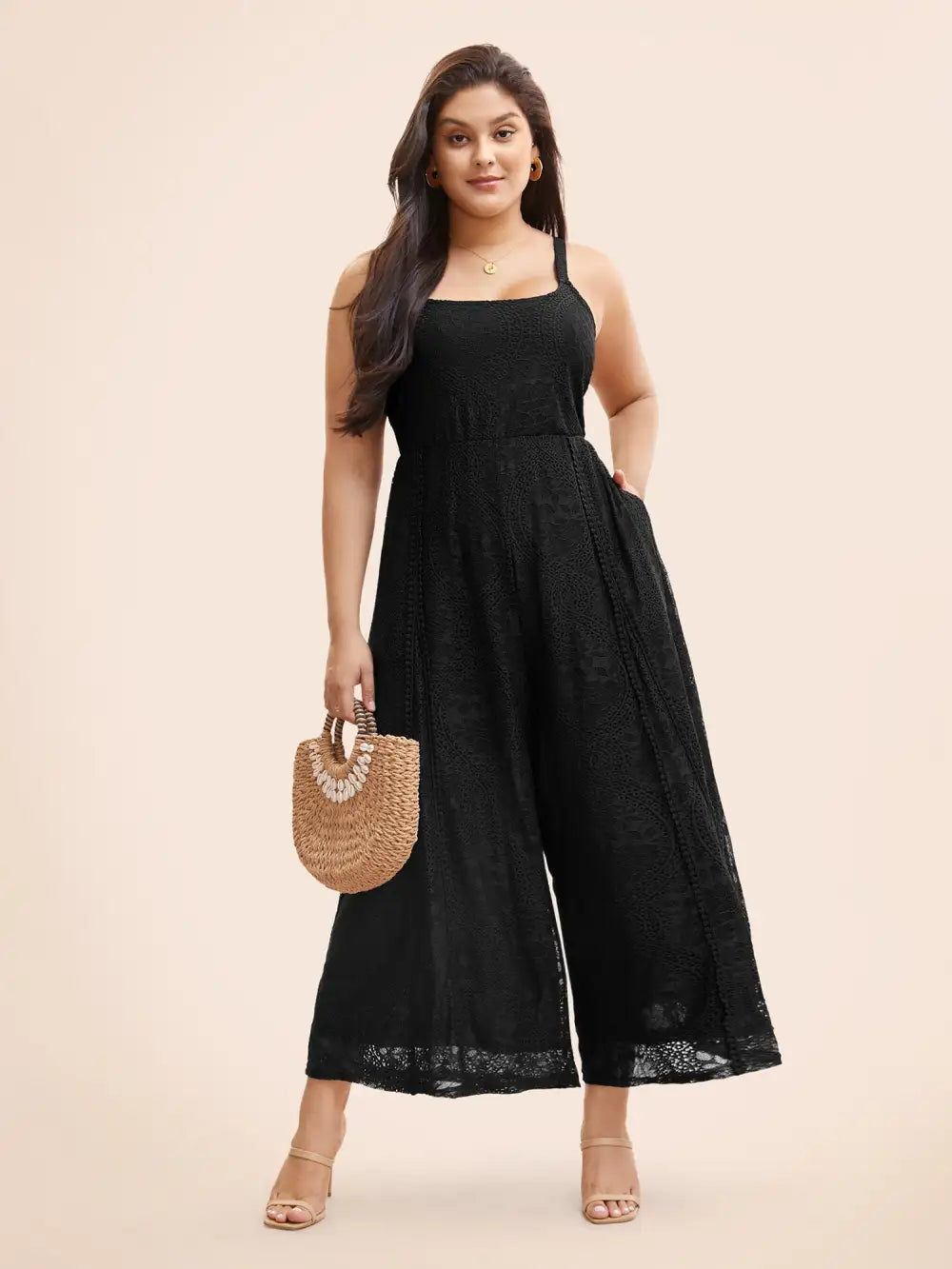 Square Neck Lace Panel Gathered Jumpsuit
