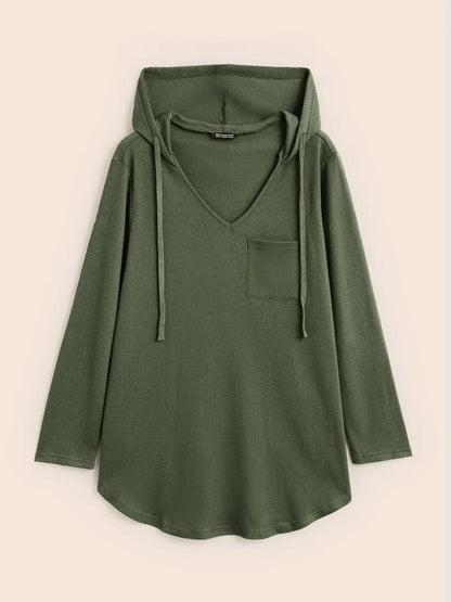 Waffle Knit Pocket Hooded Drawstring Arc Hem T-Shirt