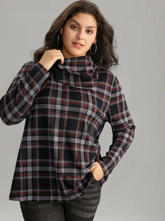 Plaid Funnel Neck Button Detail T-Shirt