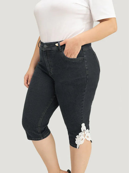 Very Stretchy High Rise Medium Wash Guipure Lace Knee Denim Shorts