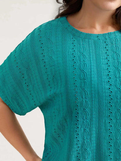 Eyelet Trim Stretchy Textured Plain Top