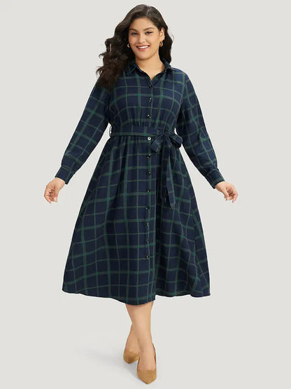 Plaid Shirt Collar Button Fly Belted Dress