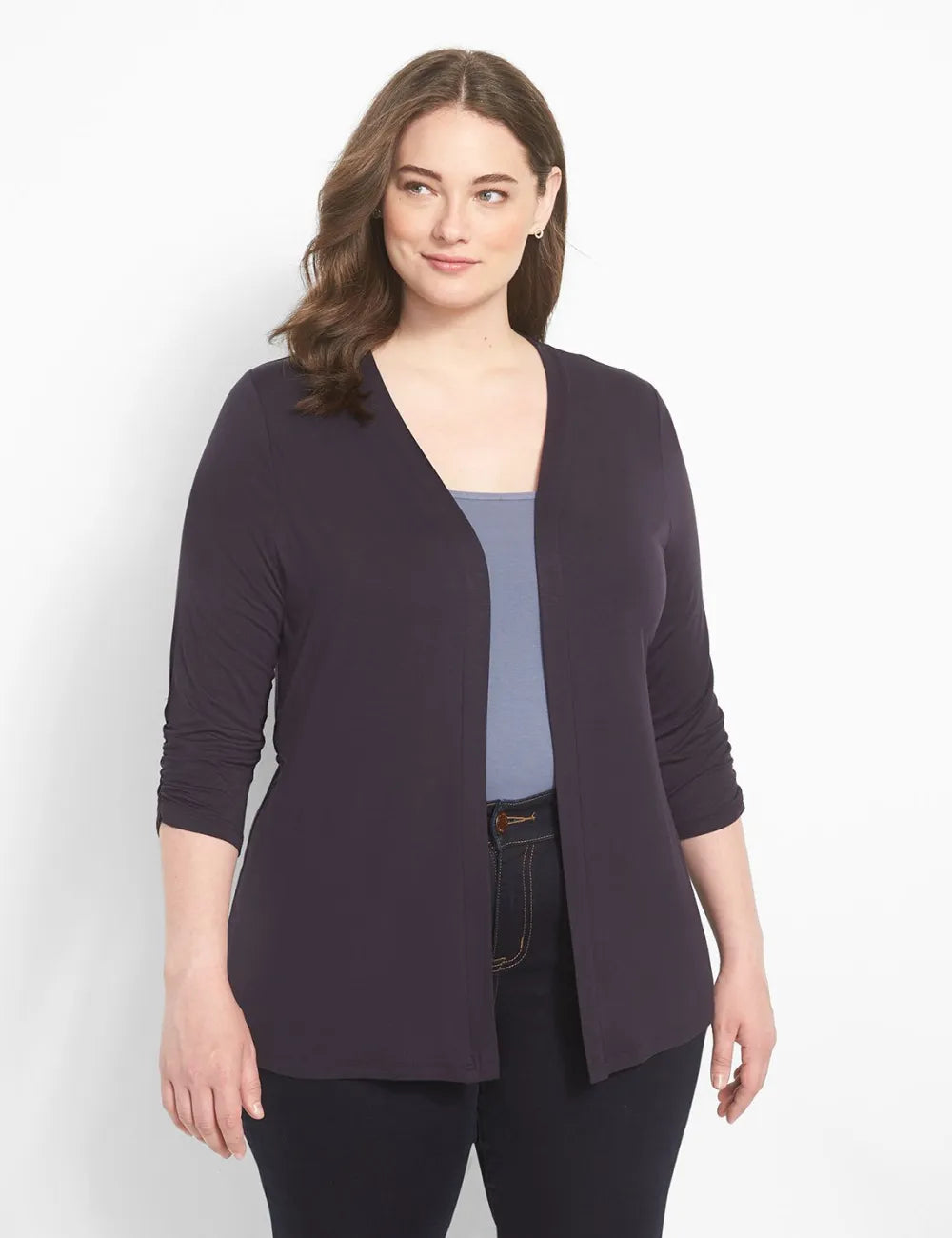 Classic 3/4 Ruched-Sleeve Open-Front Overpiece