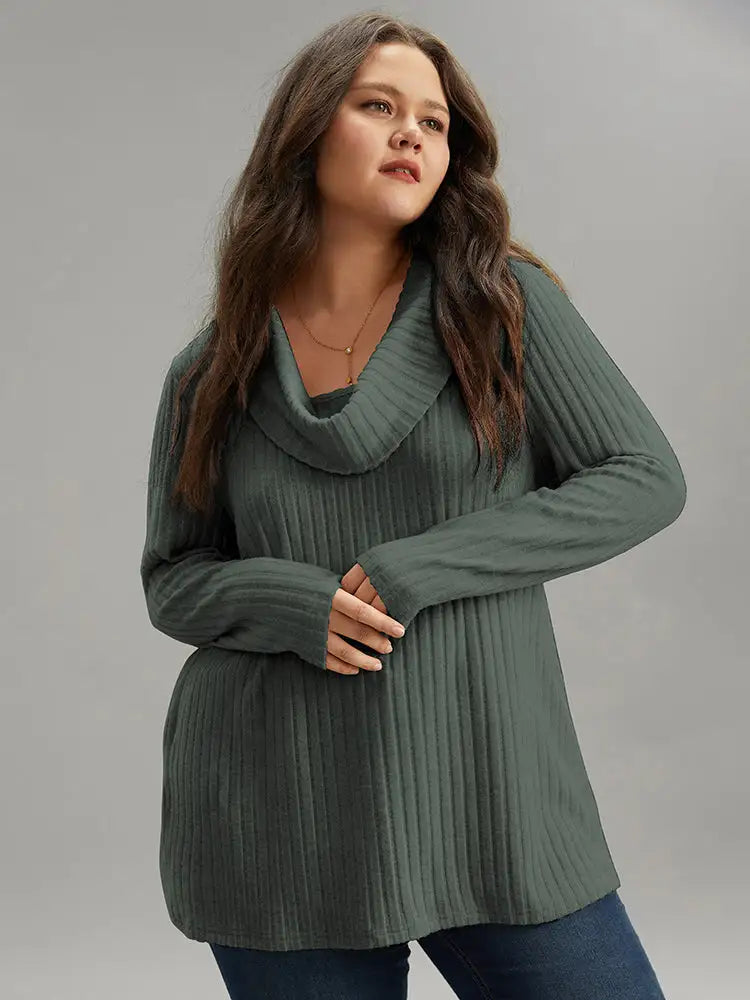 Plain Rib Knit Cowl Neck T-Shirt