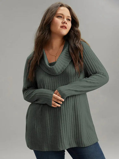 Plain Rib Knit Cowl Neck T-Shirt