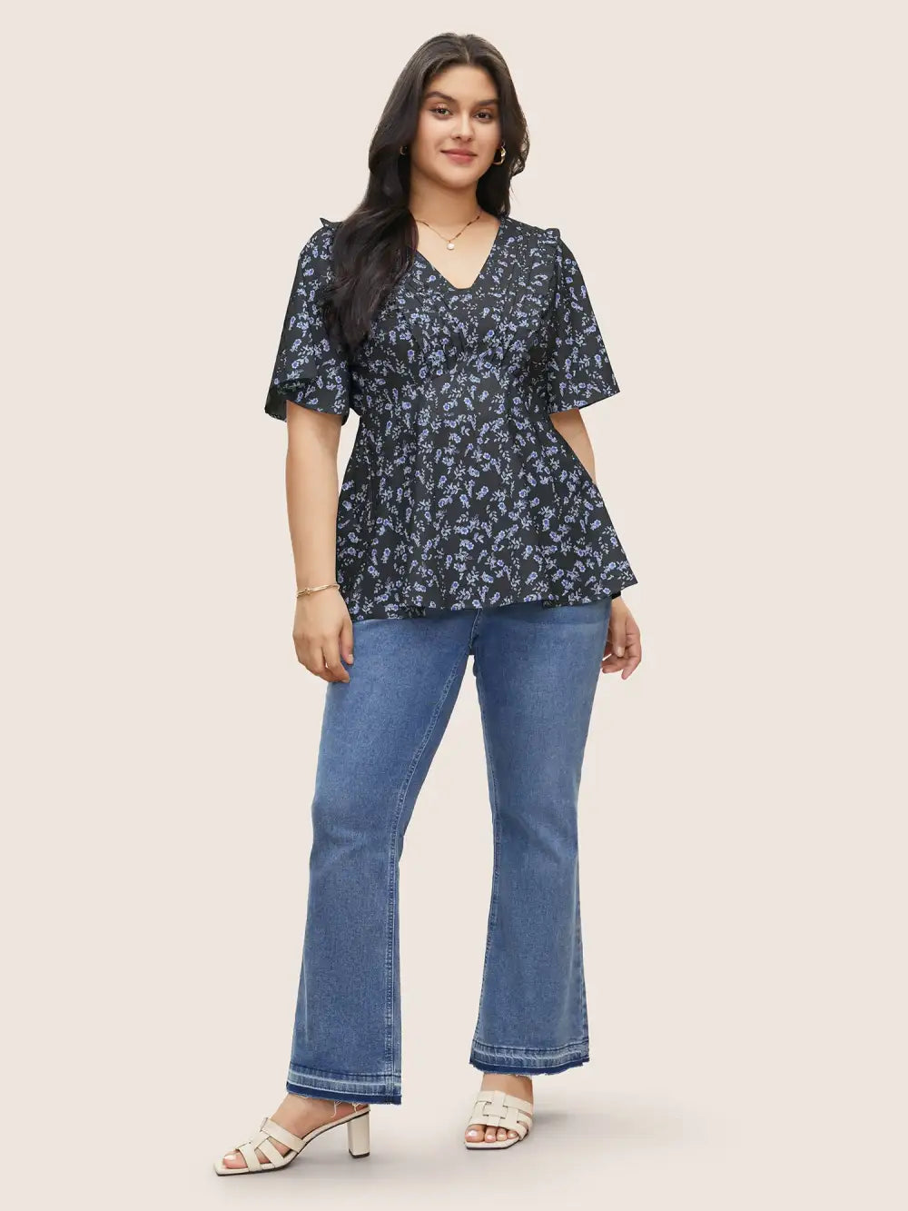 Floral Pleated Elastic Waist Ruffle Sleeve Blouse