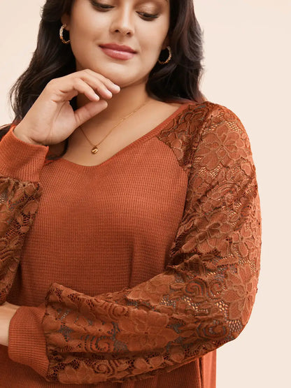 Plain Lace Panel Round Neck Raglan Sleeve T-Shirt
