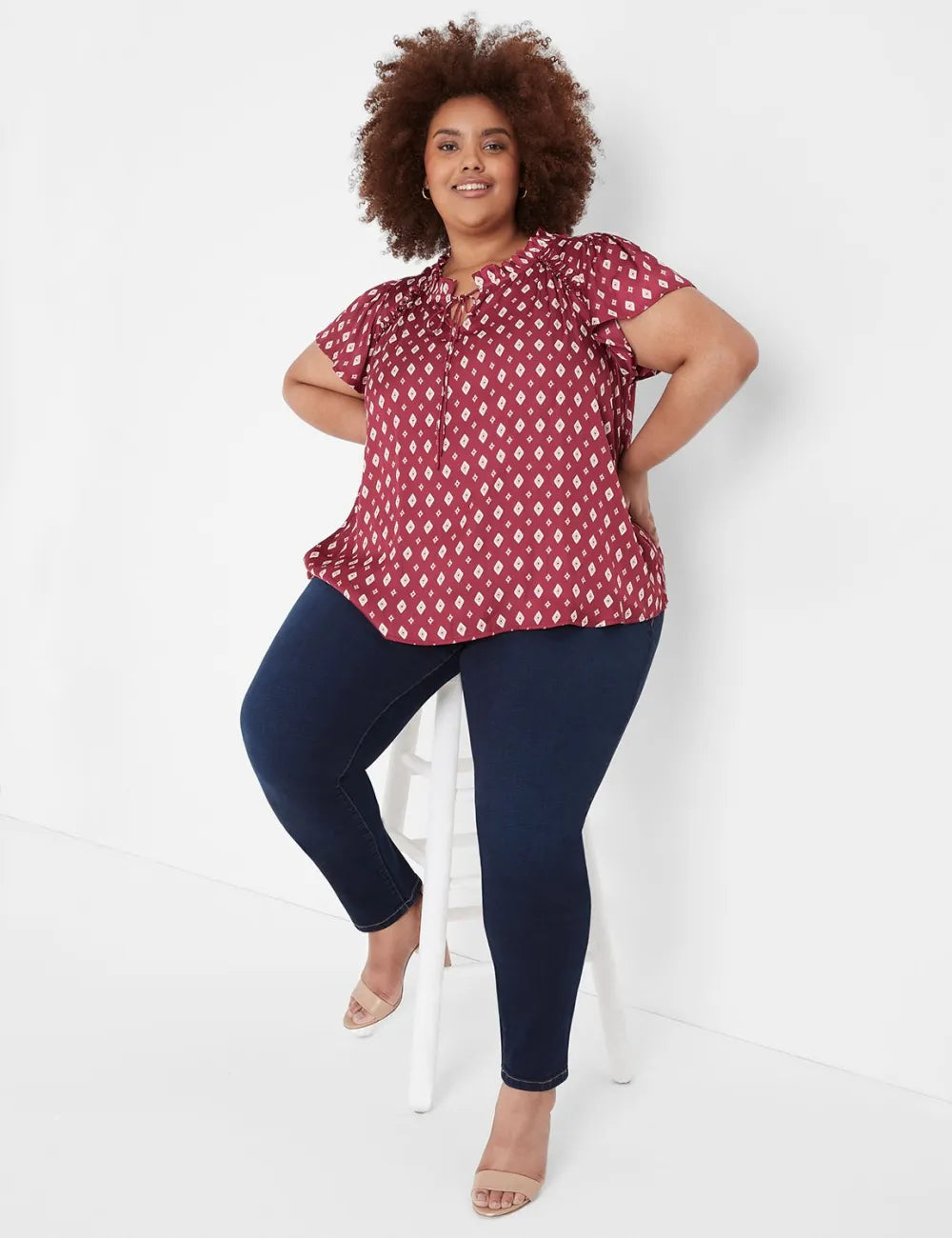 Cap Flutter-Sleeve Tie-Neck Top