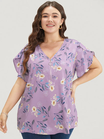 Floral O Ring Zipper Split Petal Sleeve Blouse