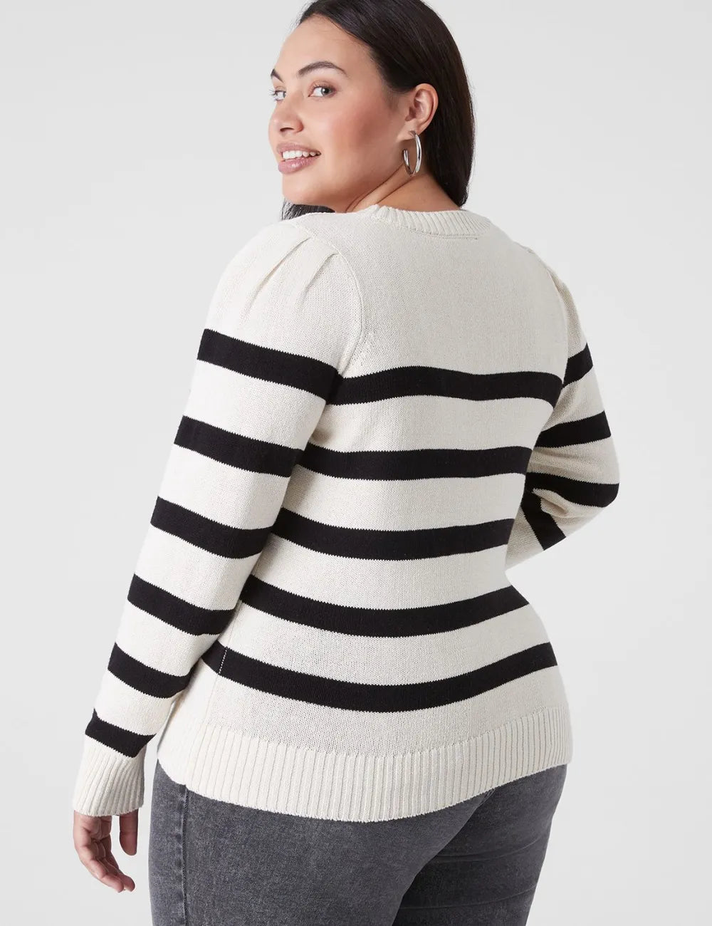 Puff-Sleeve Crew-Neck Striped Sweater