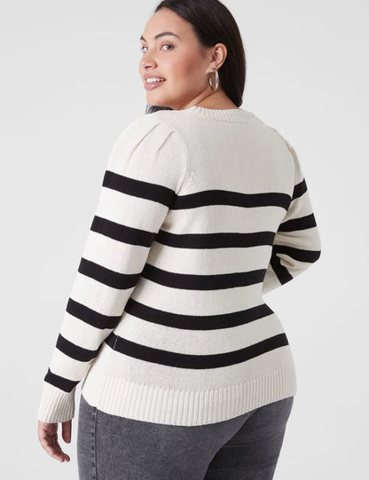Puff-Sleeve Crew-Neck Striped Sweater