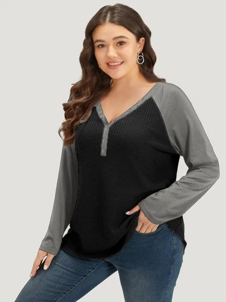 Waffle Knit Raglan Sleeve Metal Buckle Detail T-Shirt